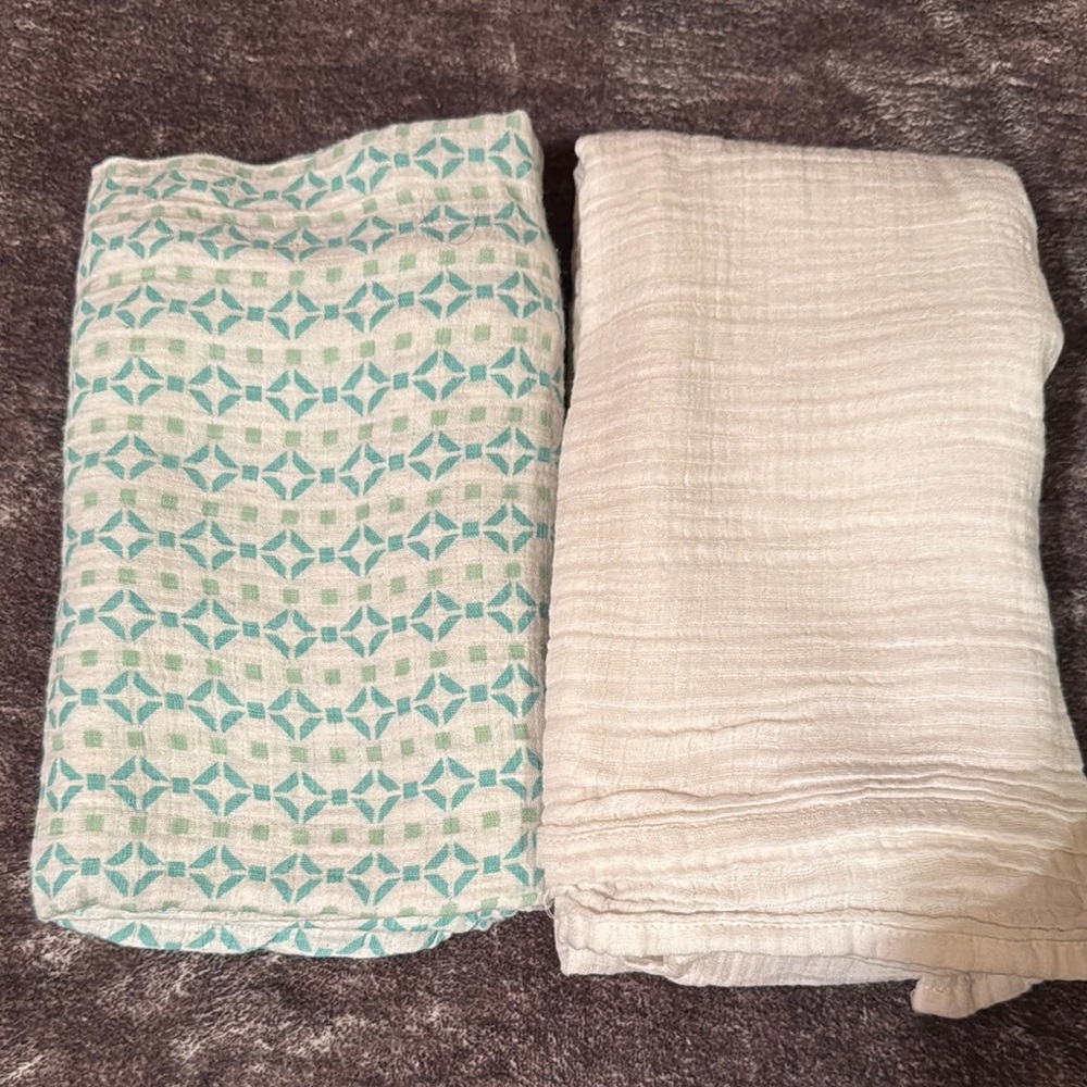 Two swaddle baby blankets Aden white and Bebe Au Lait blue green print cotton